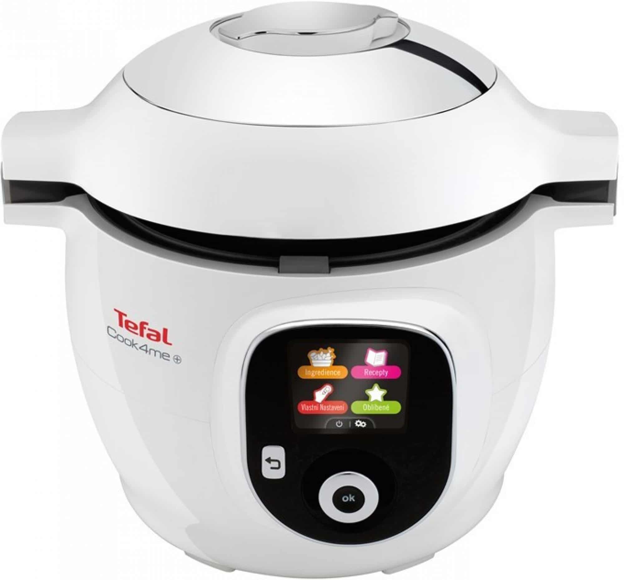 Bílý multifunkční hrnec značky Tefal s intuitivním ovládacím displejem.