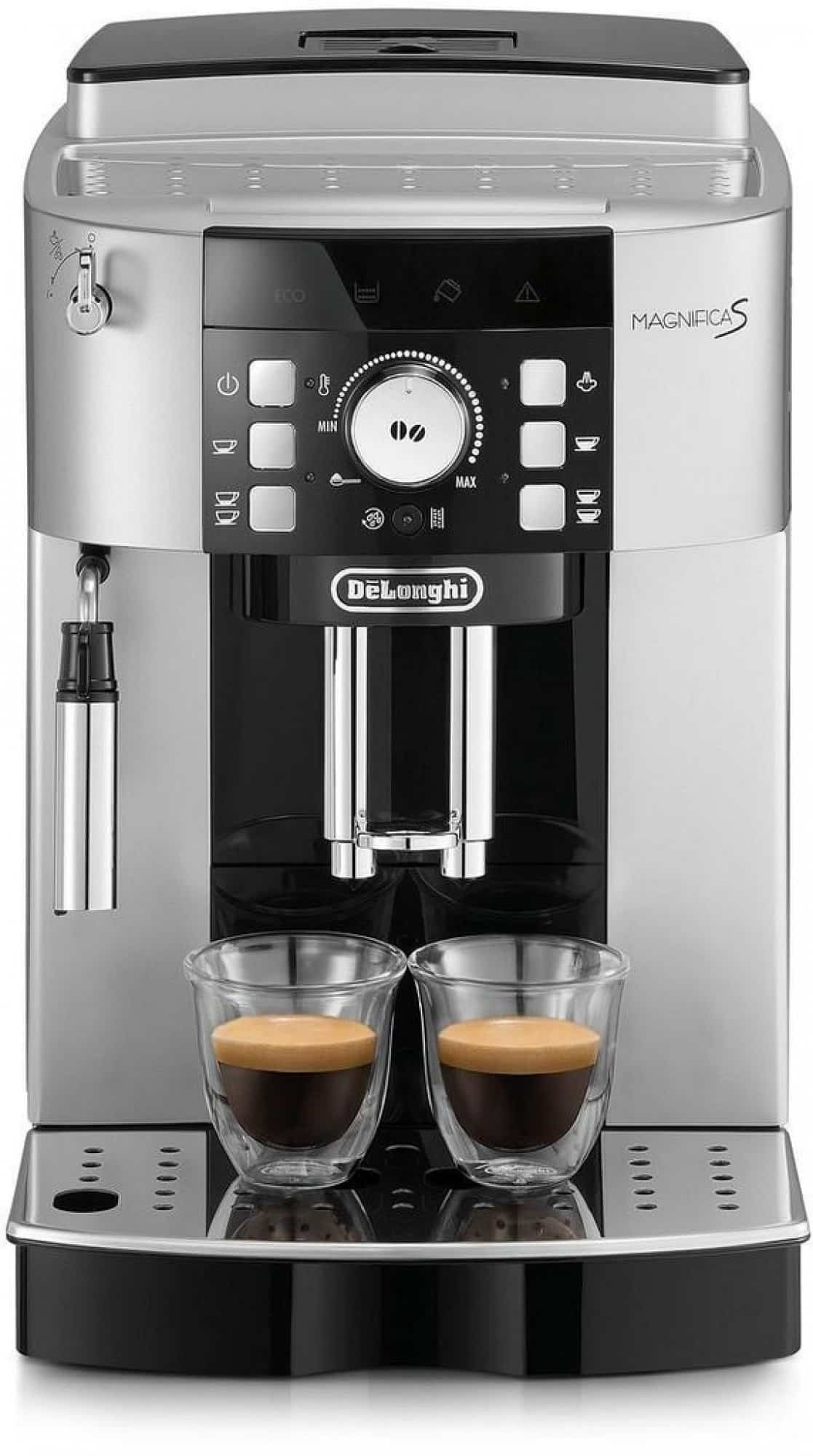 Stříbrný kávovar značky DeLonghi.